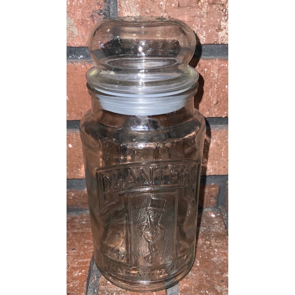 Vintage Planters Peanuts 75th Anniversary Glass Jar Mr Peanut 1906-1981 Clear